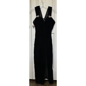 Vtg 90s Alchemy by Joo Mee NY Black Velvet Maxi Dress Gold Buckle Goth Vamp 7/8